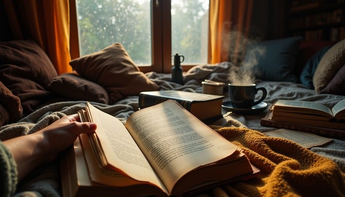 Cozy reading room with books, tea, and warm amber lighting, creating an inviting book club atmosphere.